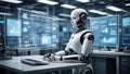 Artificial intelligence robot analyzing data on modern computer screens in a lab setting Royalty Free Stock Photo