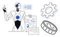 Artificial Intelligence Robot Analyzing Data and Presenting Insights with Gear and Coin Elements Royalty Free Stock Photo