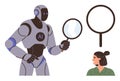 Artificial Intelligence Robot Analyzing Human with Magnifying Glass, Technology and Human Interaction Concept Royalty Free Stock Photo
