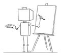 Artificial Intelligence Robot Artist Generating or Painting on Canvas, Vector Cartoon Stick Figure Illustration
