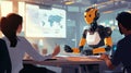 Artificial intelligence robot collaborating with team in modern office analyzing data on interactive world map display
