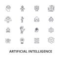 Artificial intelligence, robot, computer brain, technic, cyborg, brain, android line icons. Editable strokes. Flat