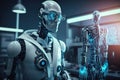 Artificial intelligence robot dressed as scientists make an experiment, created with Generative AI technology Royalty Free Stock Photo