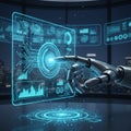 Artificial Intelligence Robot Hand Interacting with Futuristic Digital Interface Royalty Free Stock Photo