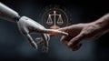 Artificial intelligence robot hand interacts with human arm, exploring future law and justice. Digital scales symbolize fairness. Royalty Free Stock Photo