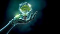 An artificial intelligence robot hand showing light bulb with green plant energy, future technology, energy sources for renewable