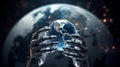 Artificial intelligence robot hands holding glowing earth globe, blurred planet earth background, tech revolution and AI powerful