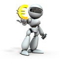 The artificial intelligence robot has a currency symbol in its hand. It represents economic control. White background. 3D