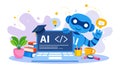 Artificial intelligence robot with laptop showing coding interface. Ideal for programming courses, SaaS platforms, tech websites, Royalty Free Stock Photo