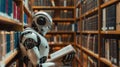 An artificial intelligence robot reads a book while standing in a library with shelves full of books. Generative AI