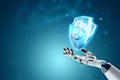 Artificial intelligence, robot, shield and lock with fingerprint hologram, fingerprint scanner. Data protection, cyber security,