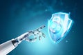 Artificial intelligence, robot, shield and lock with fingerprint hologram, fingerprint scanner. Data protection, cyber security,