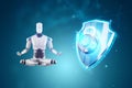 Artificial intelligence, robot, shield and lock with fingerprint hologram, fingerprint scanner. Data protection, cyber security,