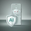 Artificial intelligence robot with shield on smartphone background for cyber security and data protection using AI. Vector Royalty Free Stock Photo