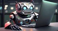 artificial intelligence.robot sits at a table with laptops in a library.robot works with a laptop.Working robot on the