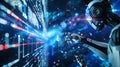 Futuristic AI Robot Interacting with Digital Interface. Technology and Innovation Concept Image. Vibrant, dynamic visual