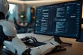Artificial intelligence robot working on computer coding software Royalty Free Stock Photo