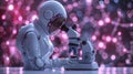 An artificial intelligence robot works with a microscope in a scientific laboratory Royalty Free Stock Photo