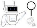 Robot Technology, Automation, and Artificial Intelligence Concept with Magnifying Glass and Gears Royalty Free Stock Photo