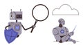 Artificial Intelligence Robots with Shield and Magnifying Glass Exploring Cloud Technology Royalty Free Stock Photo