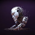 Artificial intelligence. Scattering head profile of a chrome-plated robot, dark lilac background. AI generated. Royalty Free Stock Photo