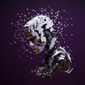 Artificial intelligence. Scattering head profile of a chrome-plated robot, dark lilac background. AI generated. Royalty Free Stock Photo