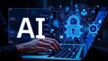 Artificial intelligence security network illustrated with a laptop and a digital padlock Royalty Free Stock Photo