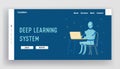 Artificial Intelligence Service in Human Life Landing Page Template. Robot Character Sitting at Desk with Computer