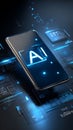 Artificial intelligence smartphone futuristic mobile phone digital technology interface blue neon light virtual data network Royalty Free Stock Photo