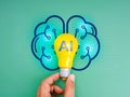 Artificial intelligence and solution business service concept. AI, text o n yellow light bulb, holding by human hand on digital Royalty Free Stock Photo