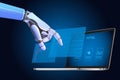 Artificial intelligence technologies . Robot hand using external screen interface, innovation, analytics, programming Royalty Free Stock Photo