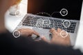 Artificial Intelligence technology. Businessman using a laptop computer chatting with an intelligent artificial intelligence.