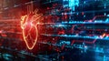 Artificial intelligence technology for cardiac care. AI code and heartbeat line