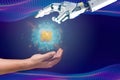 artificial intelligence technology concept, a robot hand and a human hand with glowing ai chipset symbol hologram Royalty Free Stock Photo