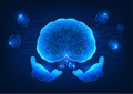 Artificial intelligence technology The hand holding the brain inside is a technological circuit. Shows AI technology that was