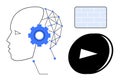Artificial Intelligence Concept with Human Head, Gear, Neural Network, Play Button, and Digital Elements Royalty Free Stock Photo