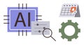 Artificial Intelligence Algorithm Concept with Calendar, Magnifying Glass, and Gear Elements Royalty Free Stock Photo