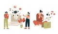 Artificial Intelligence Technology with People Character Interacting with Smart Bot Vector Set Royalty Free Stock Photo