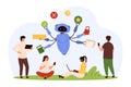 Artificial intelligence and tiny people work on business achievement with multitasking