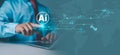 Artificial intelligence to make business more efficient, Hand holding AI symbol surrounded by digital icons and data flows,