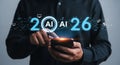 Artificial intelligence trends projected towards 2026 visualized with a man interacting on his smartphone Royalty Free Stock Photo