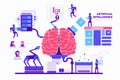 Artificial intelligence vector illustration in flat design. Brain, robots, computer, cloud storage, servers, robohand