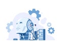 Artificial intelligence vector illustration of scientists men building human head with cogwheels and wires