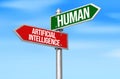 Artificial Intelligence Vs Human written on a signboard with green and red color, blue sky in the backdrop. Human vs AI concept Royalty Free Stock Photo