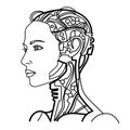 Artificial intelligence woman line art portrait.Woman robot or android.Vector black and whiteillustration