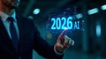 Artificial intelligence in the year 2026 businessman touching future interface with emerging technology and digital innovation Royalty Free Stock Photo