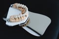 Artificial jaw with zirconium crowns, stands on a surgical mirror in a dental office. Dentistry and treatment concept