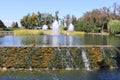Artificial lake with fountains, waterfall and ducks