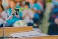 Artificial leaf inserted in the desktop microphone stand on podium in the auditorium Royalty Free Stock Photo