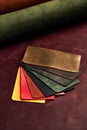 Artificial leather samples on a cow leather background. Top view. Royalty Free Stock Photo